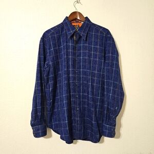 Robert Graham button front flip cuff shirt size L blue check embroidered